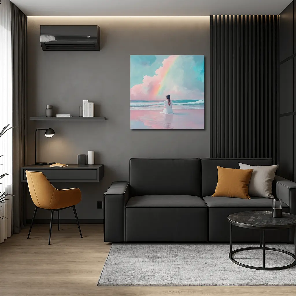 Woman Sitting Beach Pastel Rainbow Oil Painting – Wall Art