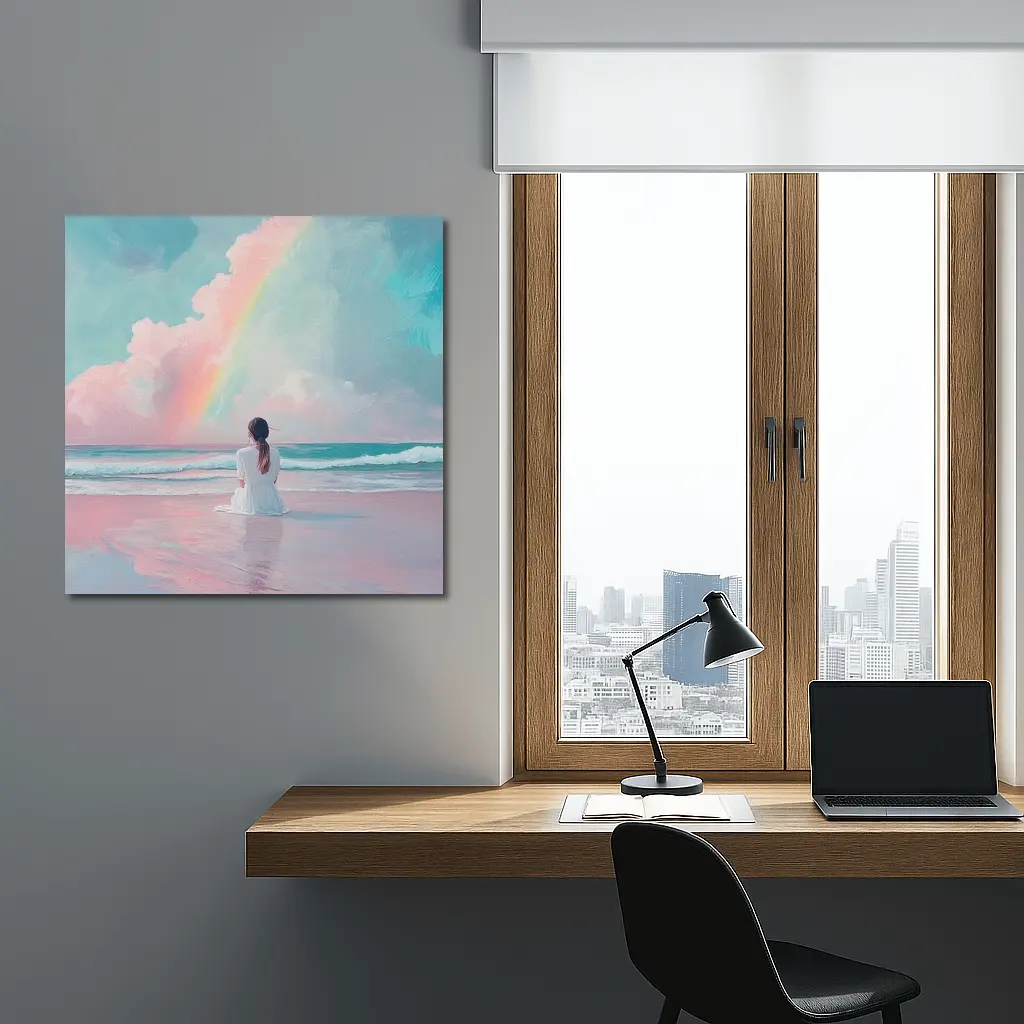 Woman Sitting Beach Pastel Rainbow Oil Painting – Wall Art