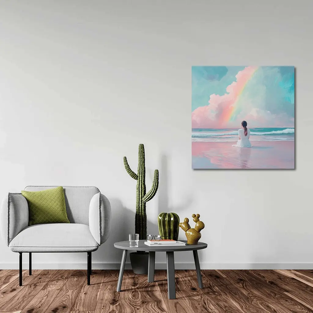 Woman Sitting Beach Pastel Rainbow Oil Painting – Wall Art
