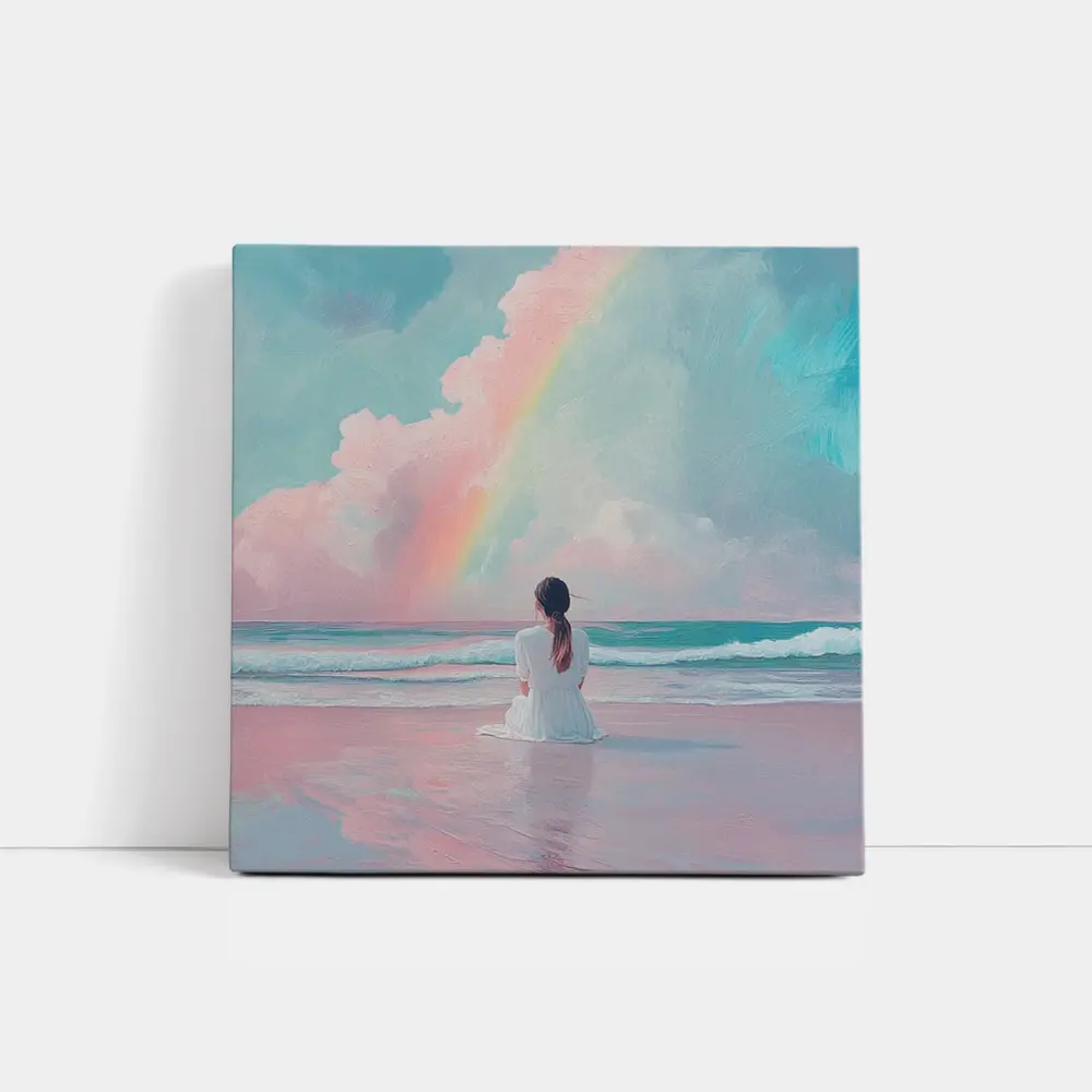 Woman Sitting Beach Pastel Rainbow Oil Painting – Wall Art