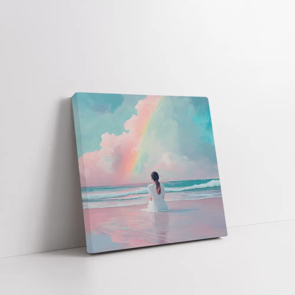 Woman Sitting Beach Pastel Rainbow Oil Painting – Wall Art