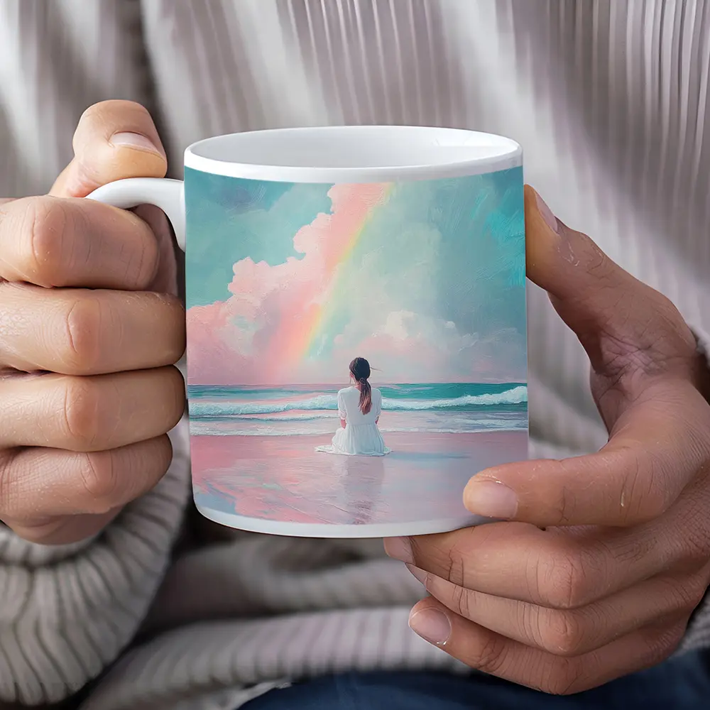 Woman Sitting Beach Pastel Rainbow Oil Painting – Mugs