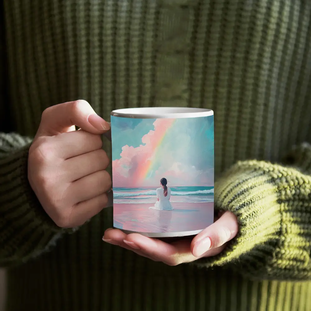 Woman Sitting Beach Pastel Rainbow Oil Painting – Mugs