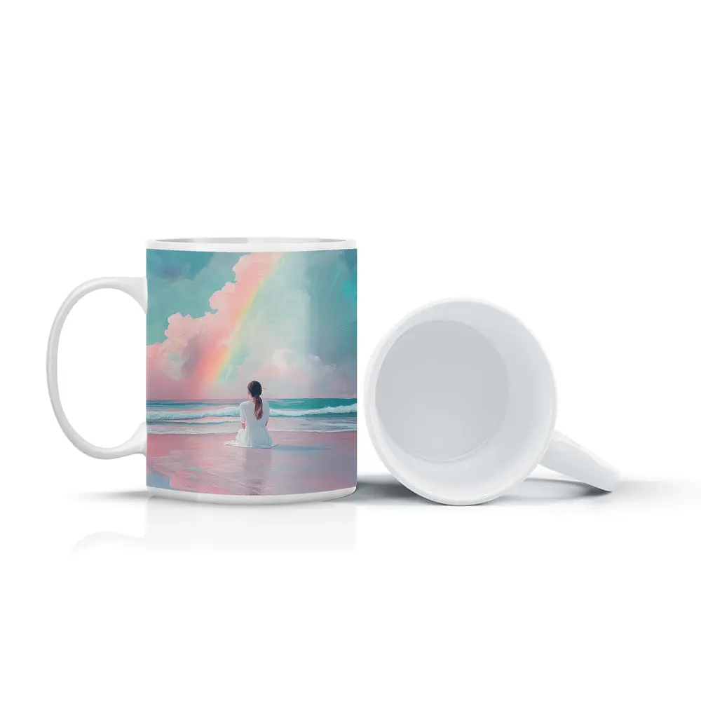 Woman Sitting Beach Pastel Rainbow Oil Painting – Mugs