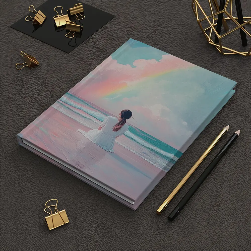Woman Sitting Beach Pastel Rainbow Oil Painting – Notebooks