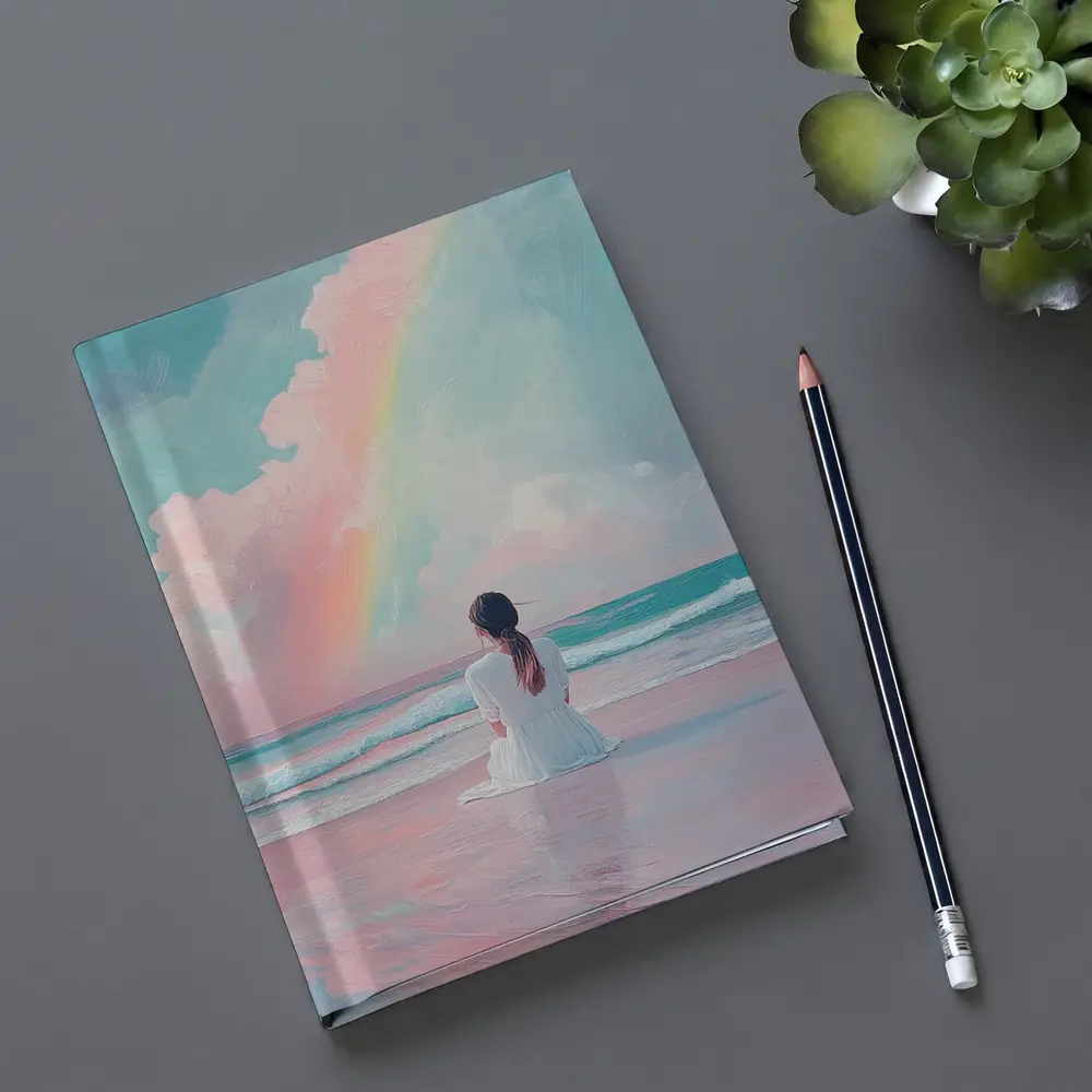Woman Sitting Beach Pastel Rainbow Oil Painting – Notebooks