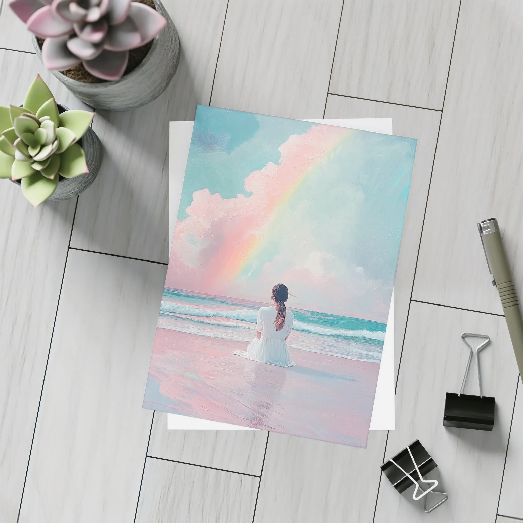 Woman Sitting Beach Pastel Rainbow Oil Painting – Postcards