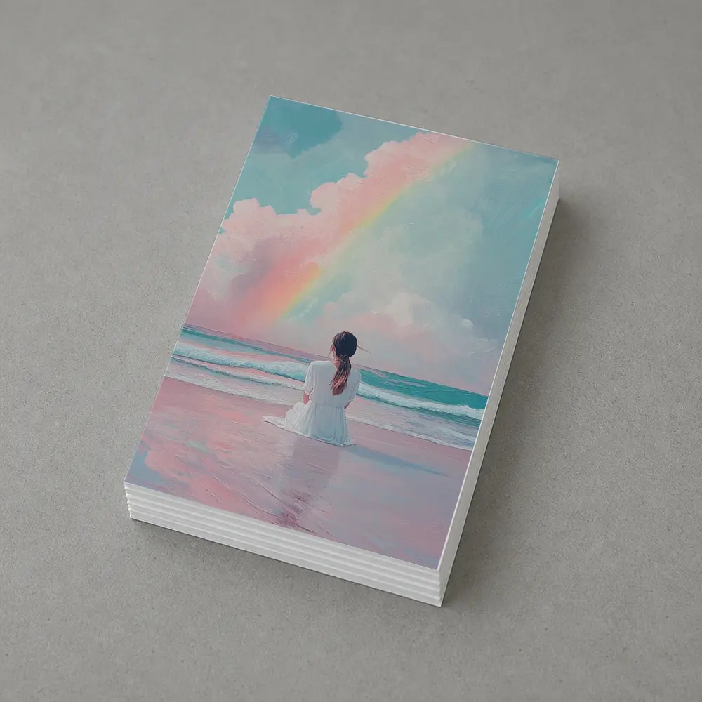 Woman Sitting Beach Pastel Rainbow Oil Painting – Postcards