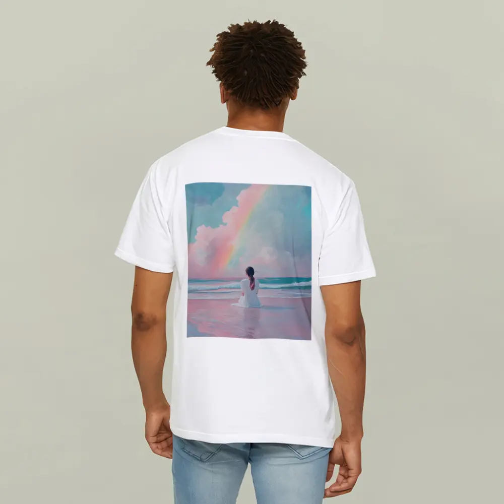 Woman Sitting Beach Pastel Rainbow Oil Painting – T-Shirts