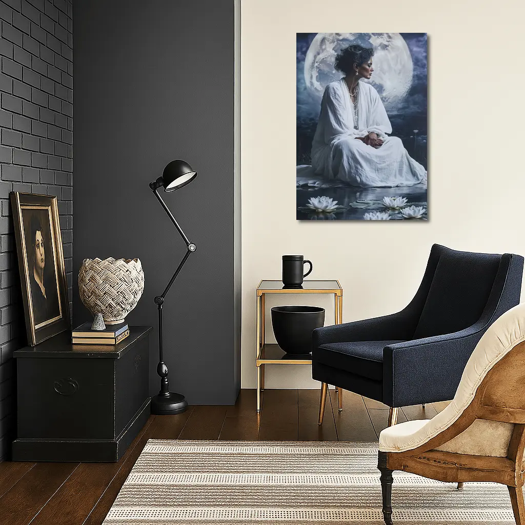Woman in White Lotus Moonlight Fantasy Art – Wall Art