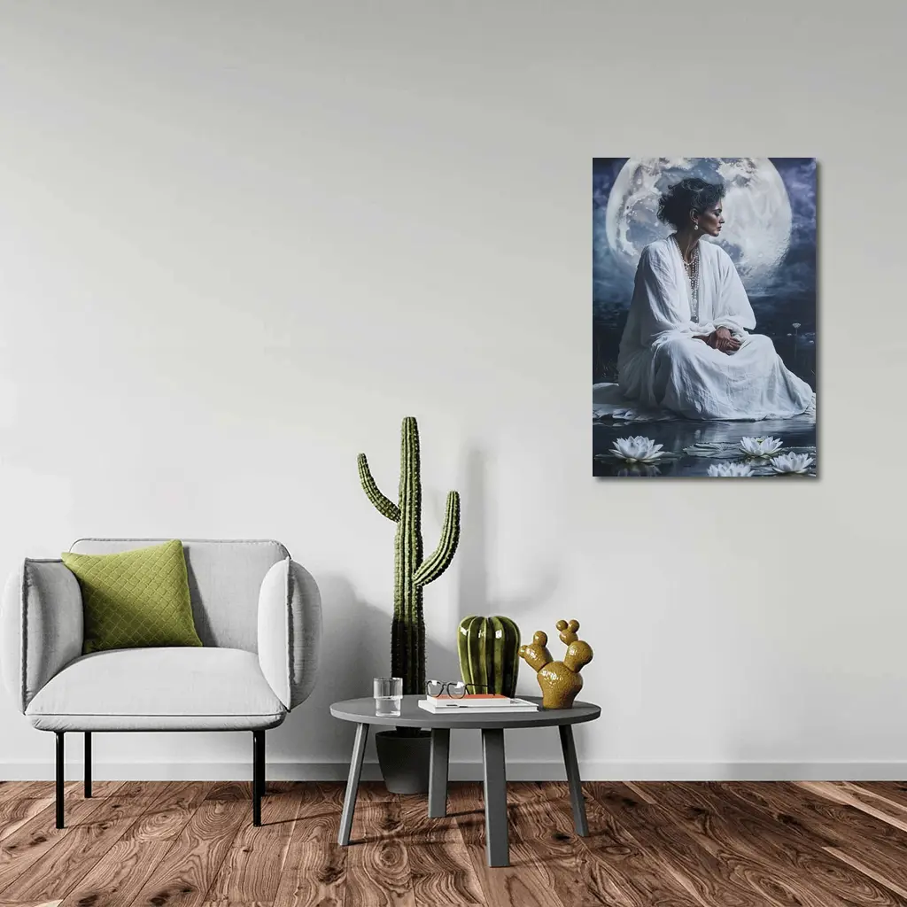 Woman in White Lotus Moonlight Fantasy Art – Wall Art