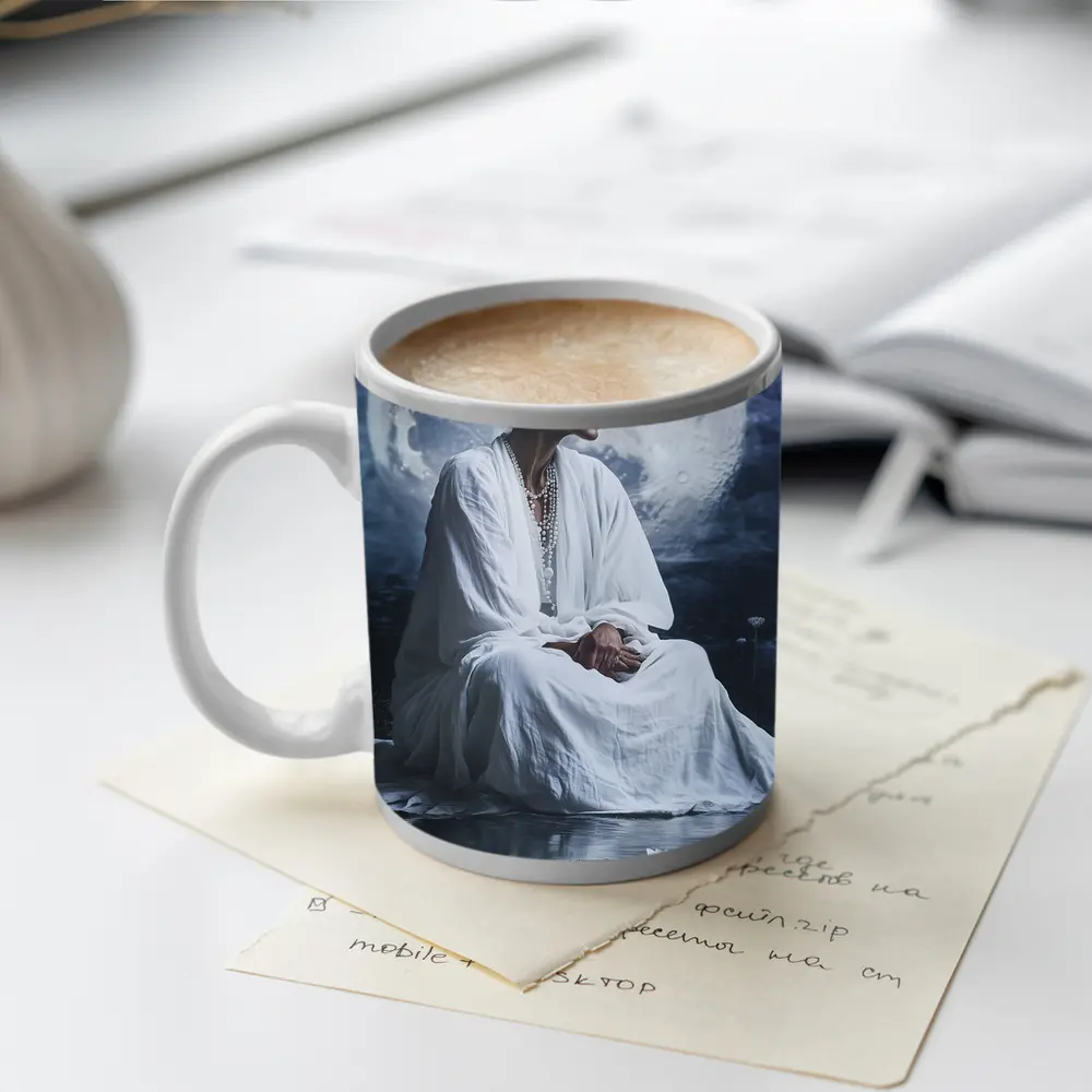 Woman in White Lotus Moonlight Fantasy Art – Mugs