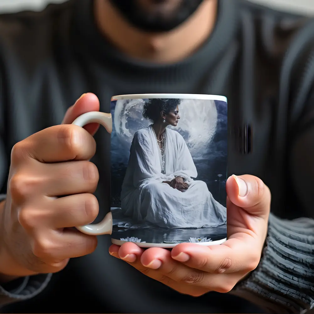 Woman in White Lotus Moonlight Fantasy Art – Mugs