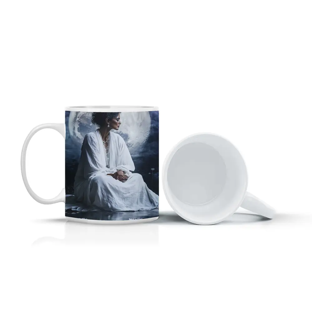 Woman in White Lotus Moonlight Fantasy Art – Mugs
