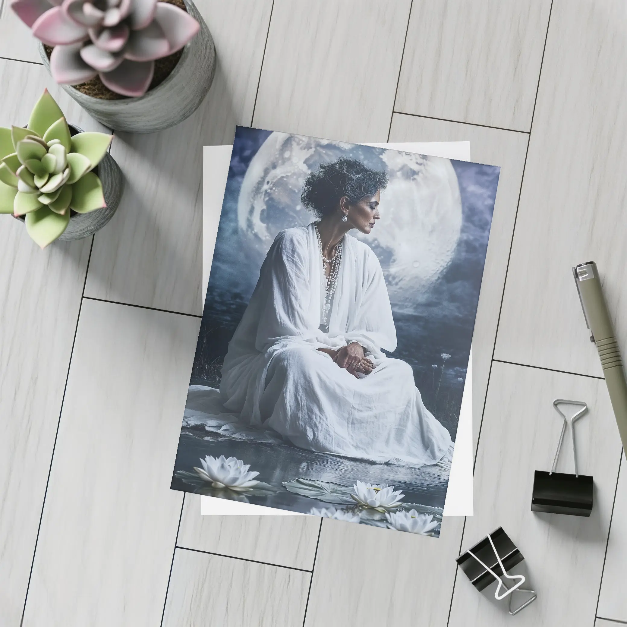 Woman in White Lotus Moonlight Fantasy Art – Postcards