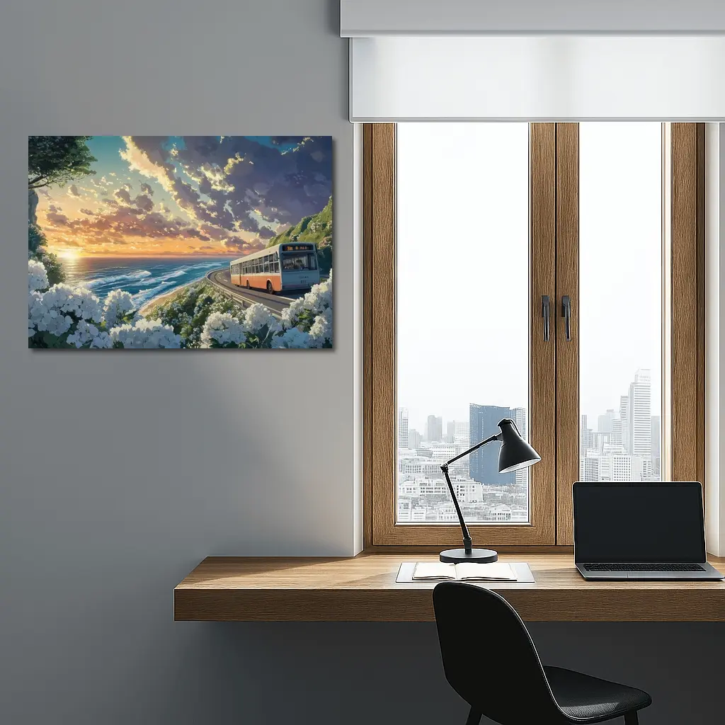 Anime Bus Coastal Road Sunset Ocean – Wall Art