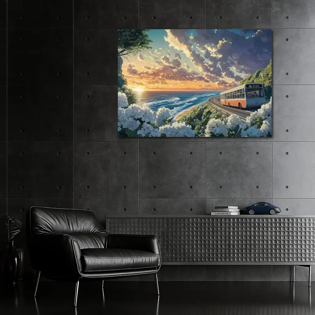 Anime Bus Coastal Road Sunset Ocean – Wall Art