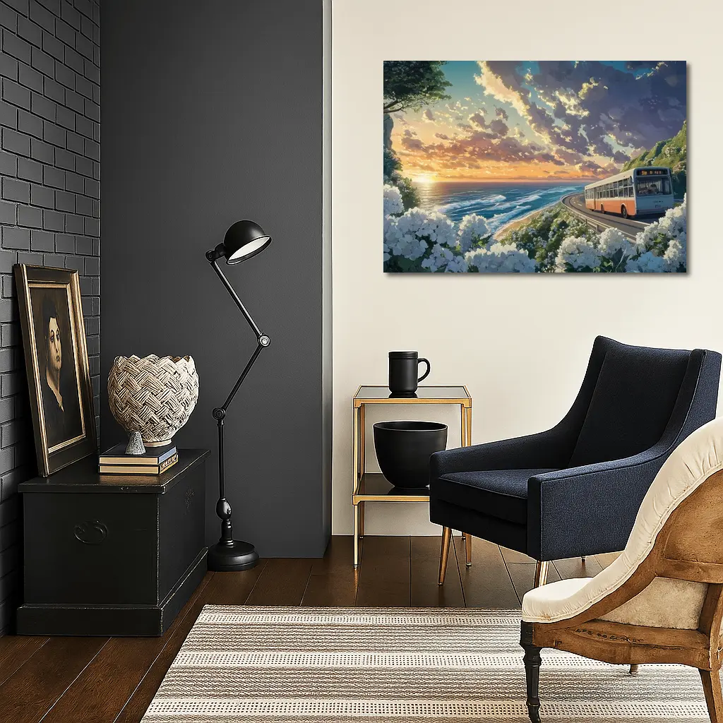 Anime Bus Coastal Road Sunset Ocean – Wall Art