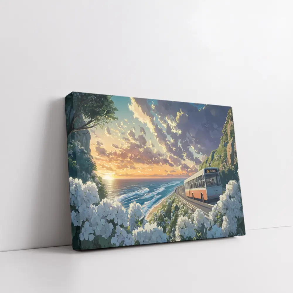 Anime Bus Coastal Road Sunset Ocean – Wall Art