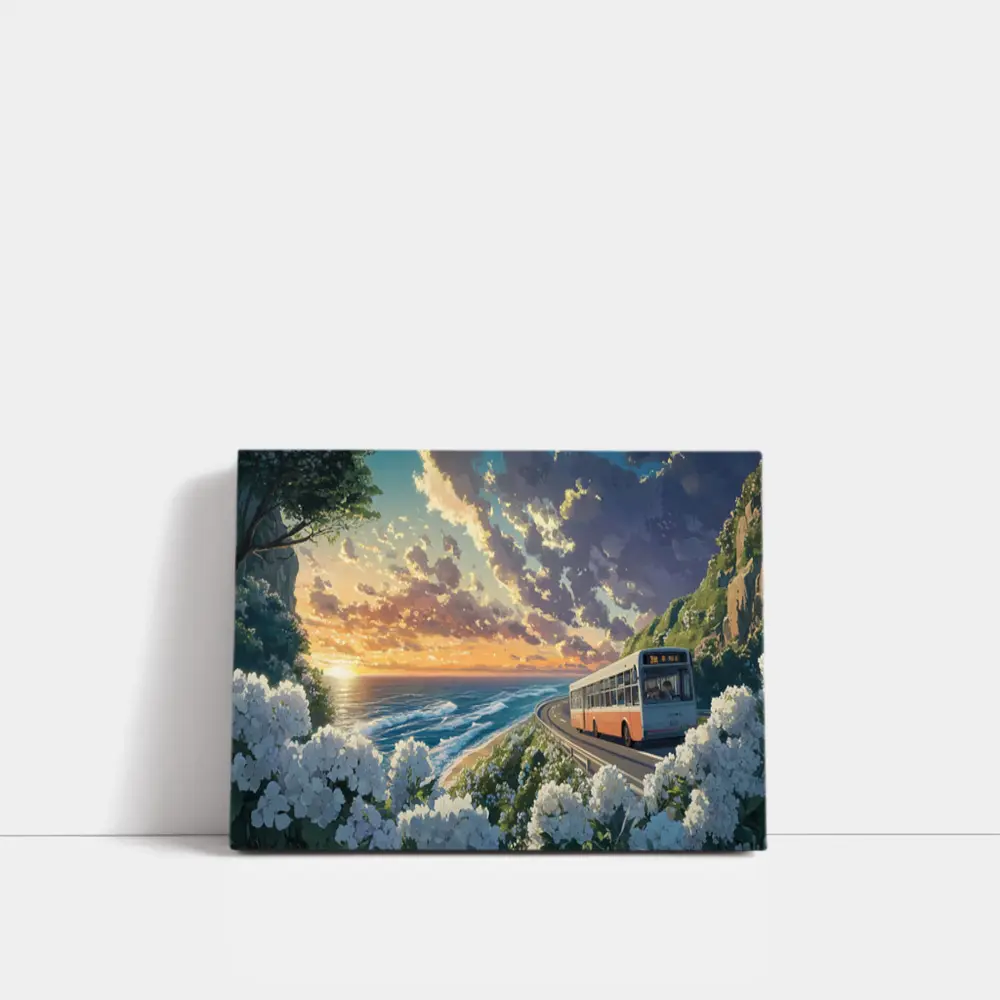 Anime Bus Coastal Road Sunset Ocean – Wall Art