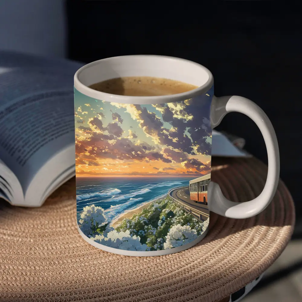 Anime Bus Coastal Road Sunset Ocean – Mugs