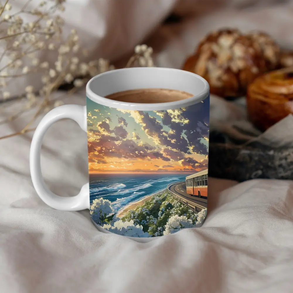 Anime Bus Coastal Road Sunset Ocean – Mugs