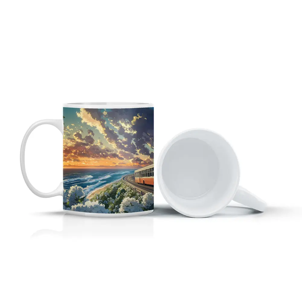Anime Bus Coastal Road Sunset Ocean – Mugs