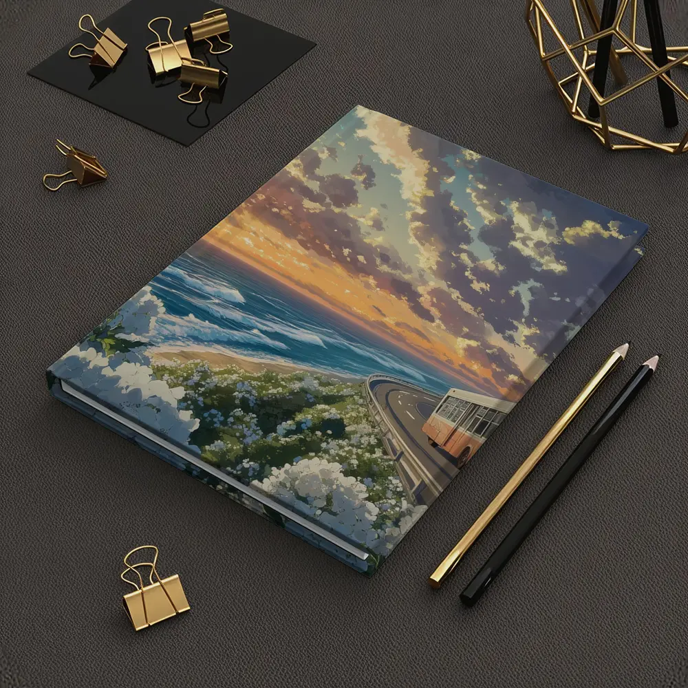 Anime Bus Coastal Road Sunset Ocean – Notebooks