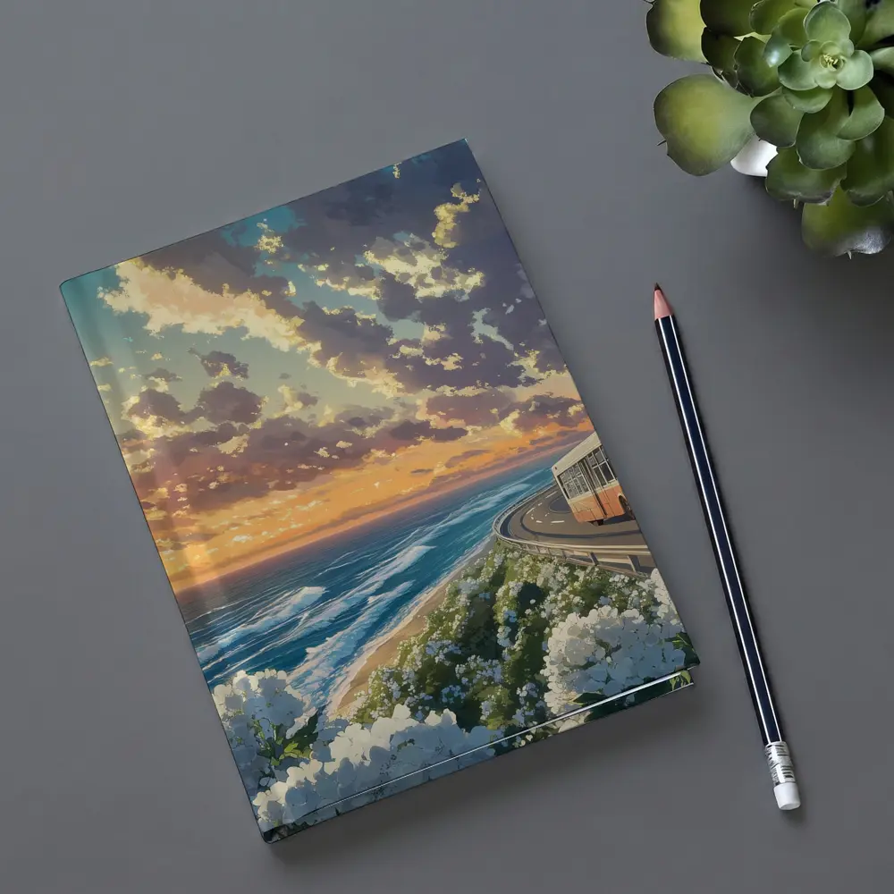 Anime Bus Coastal Road Sunset Ocean – Notebooks