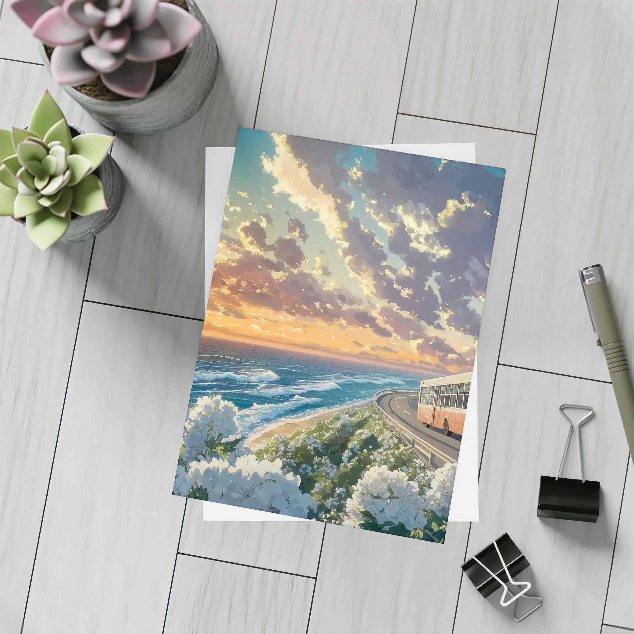 Anime Bus Coastal Road Sunset Ocean – Postcards