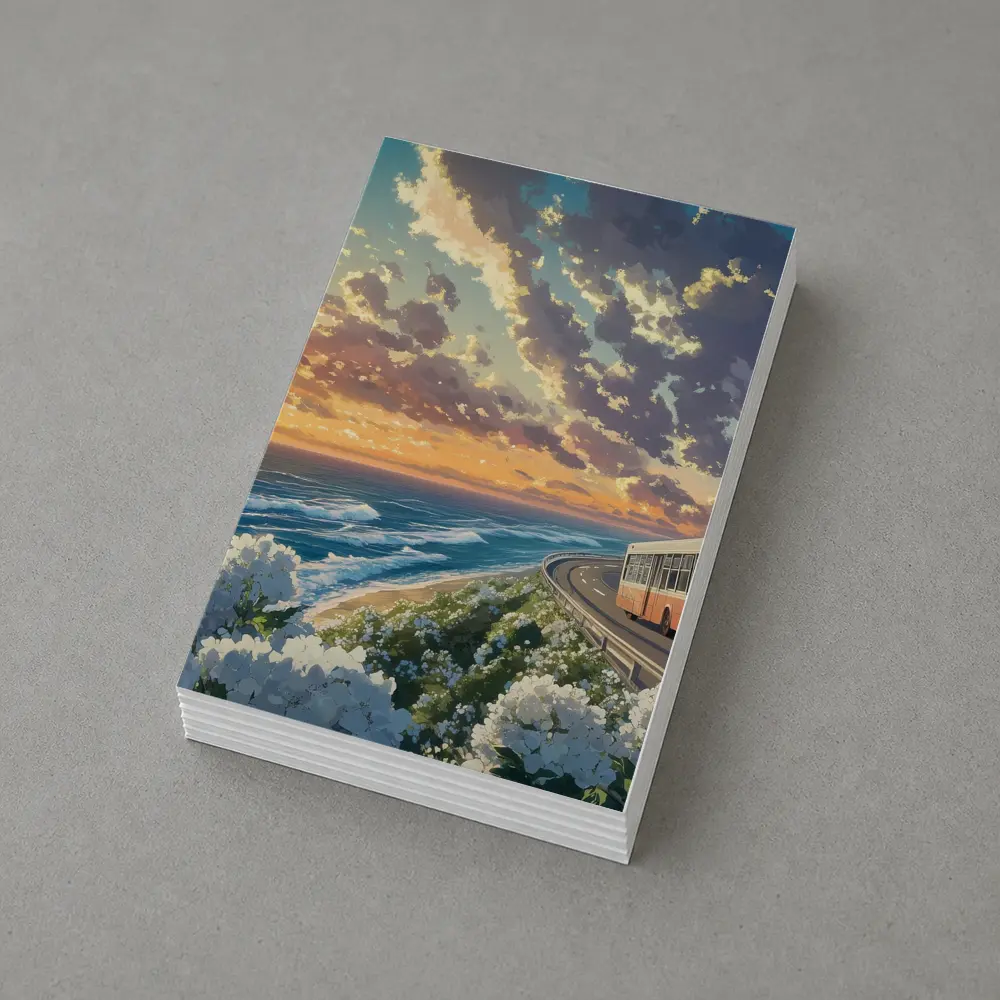 Anime Bus Coastal Road Sunset Ocean – Postcards