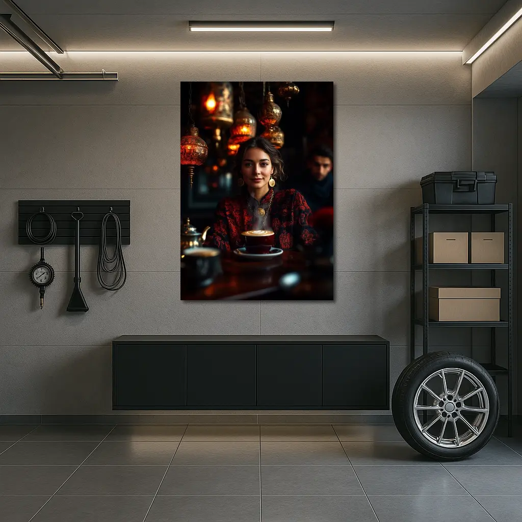 Woman in Turkish Cafe with Ornate Lanterns – Wall Art