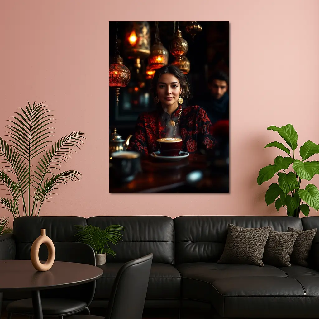 Woman in Turkish Cafe with Ornate Lanterns – Wall Art