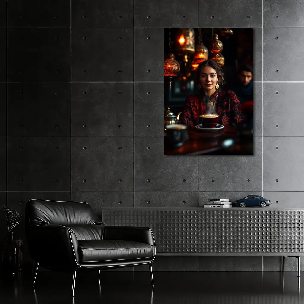 Woman in Turkish Cafe with Ornate Lanterns – Wall Art