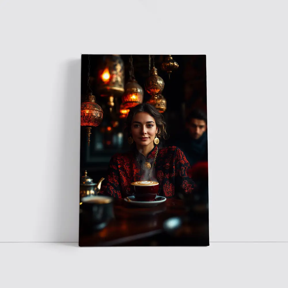 Woman in Turkish Cafe with Ornate Lanterns – Wall Art
