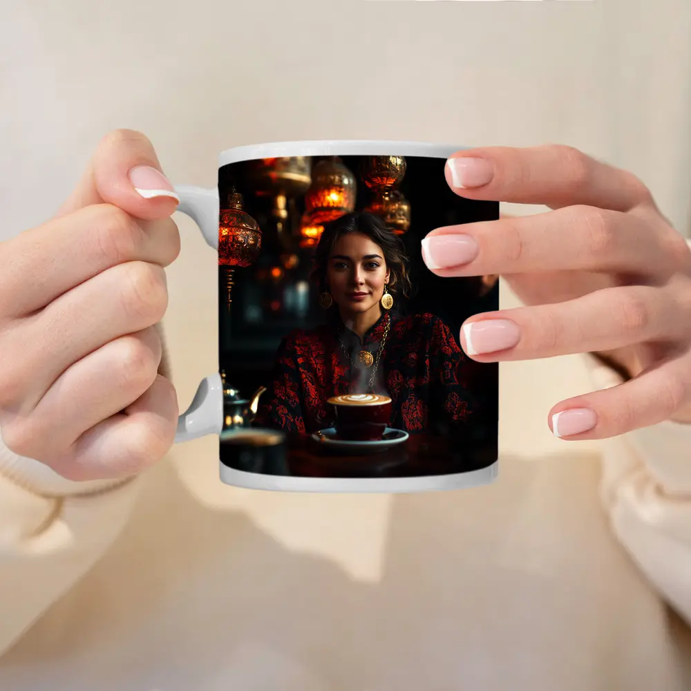 Woman in Turkish Cafe with Ornate Lanterns – Mugs