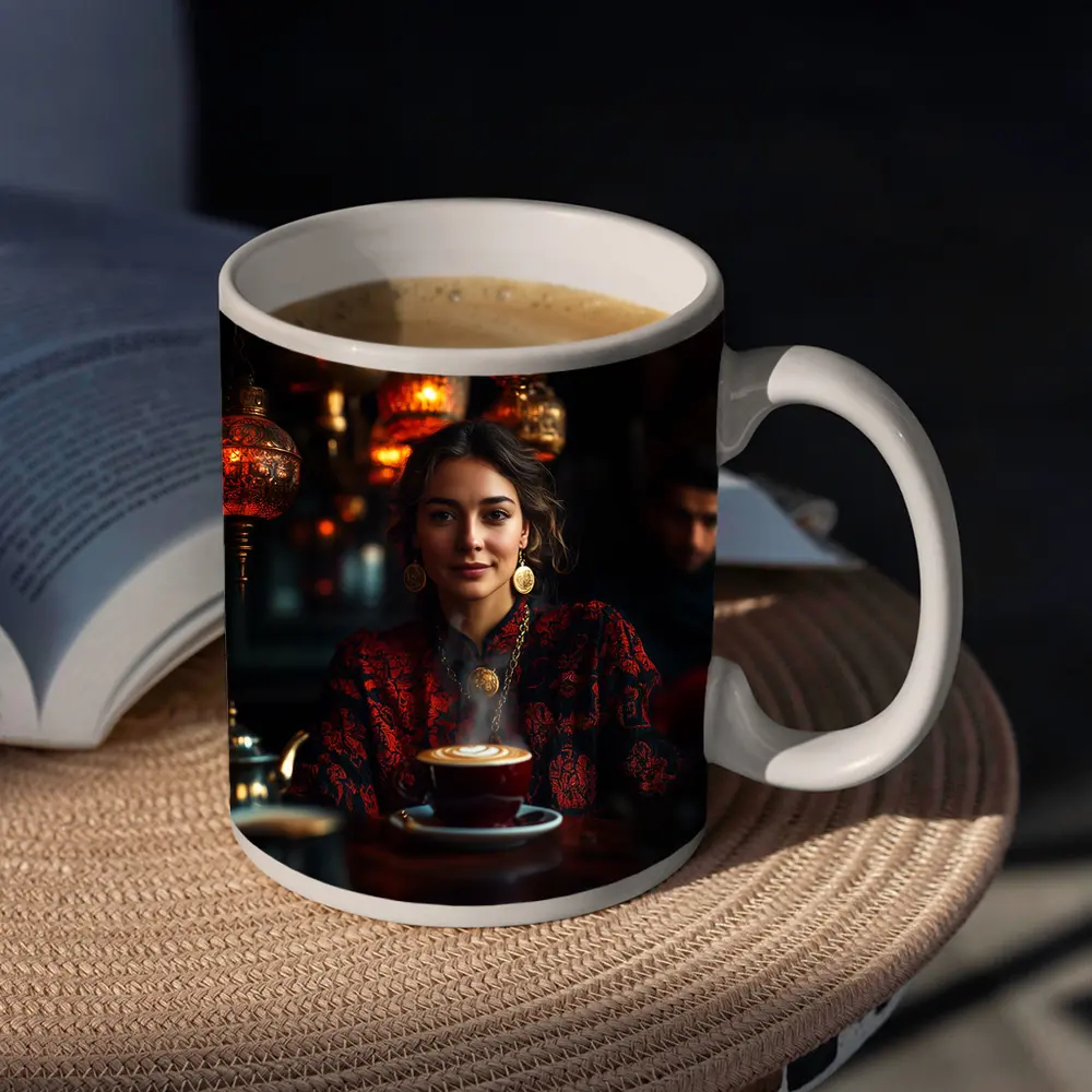 Woman in Turkish Cafe with Ornate Lanterns – Mugs