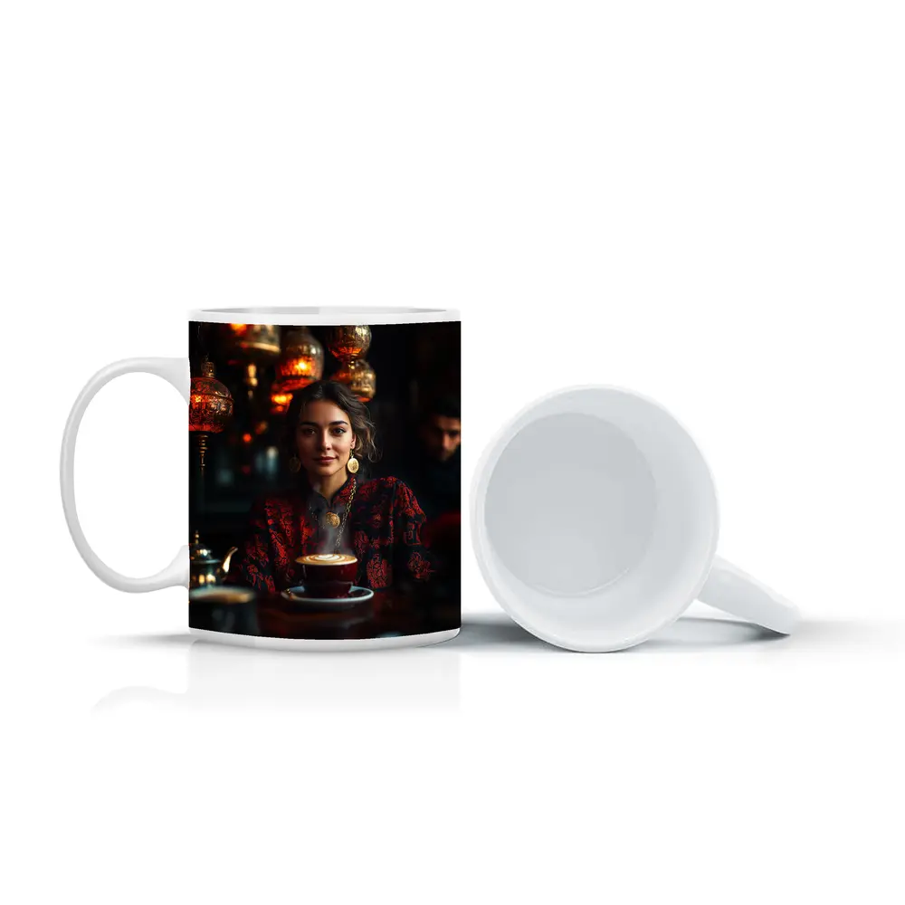 Woman in Turkish Cafe with Ornate Lanterns – Mugs
