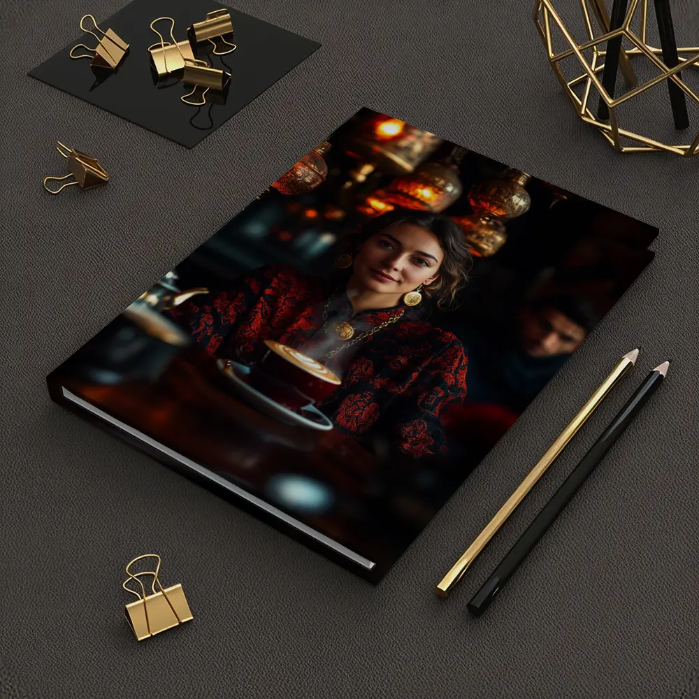 Woman in Turkish Cafe with Ornate Lanterns – Notebooks