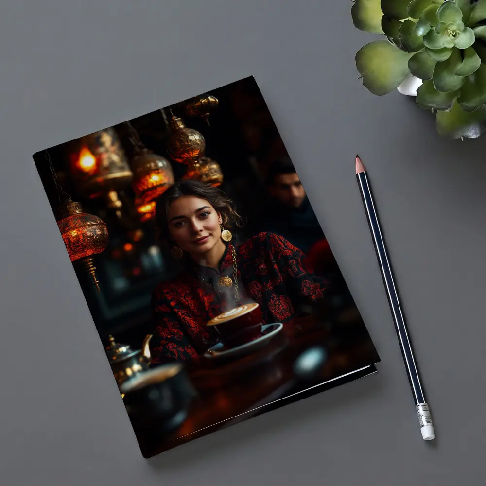 Woman in Turkish Cafe with Ornate Lanterns – Notebooks