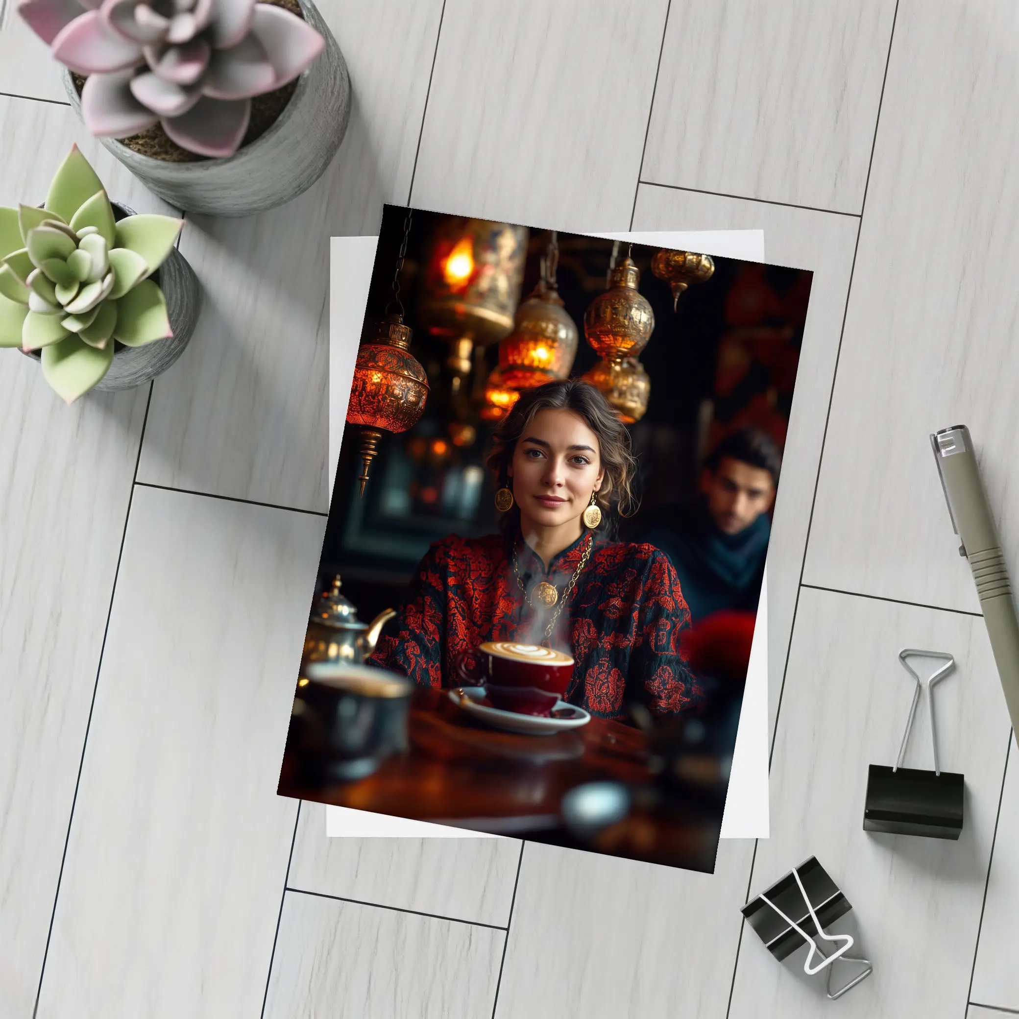 Woman in Turkish Cafe with Ornate Lanterns – Postcards