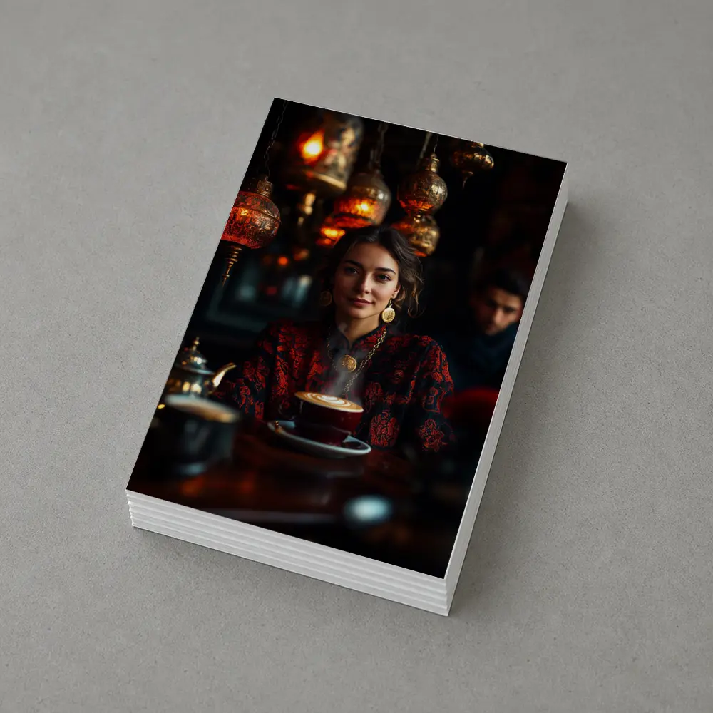 Woman in Turkish Cafe with Ornate Lanterns – Postcards