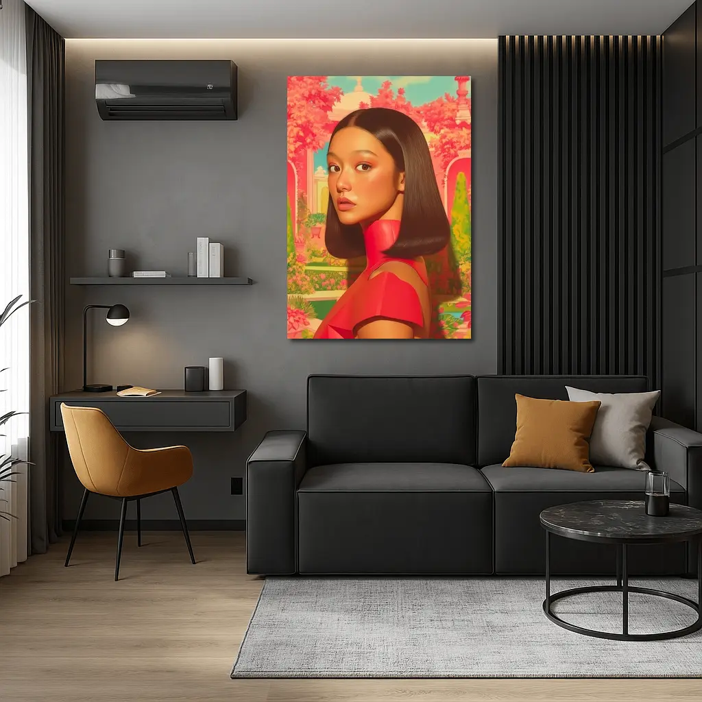 Asian Woman Portrait Pink Garden Illustration Art – Wall Art