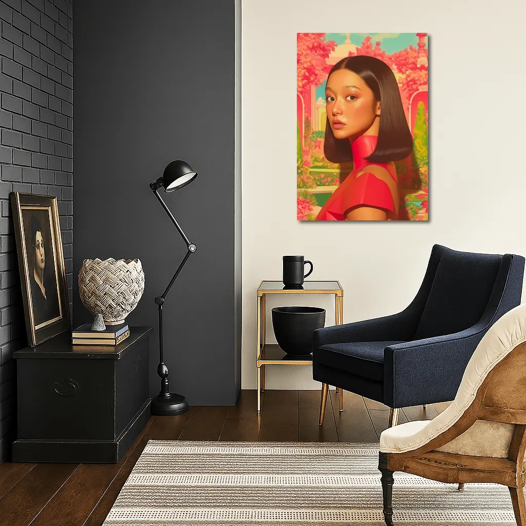 Asian Woman Portrait Pink Garden Illustration Art – Wall Art