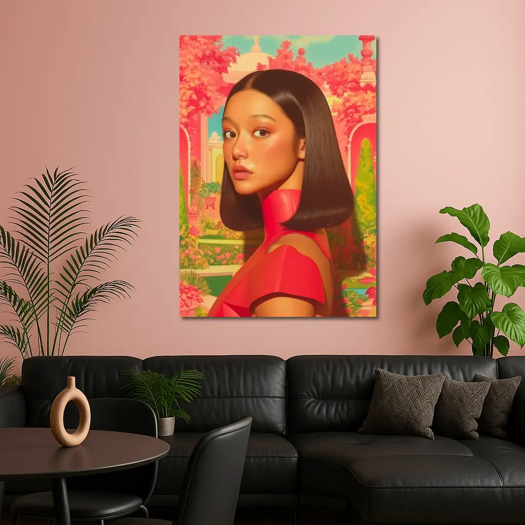 Asian Woman Portrait Pink Garden Illustration Art – Wall Art