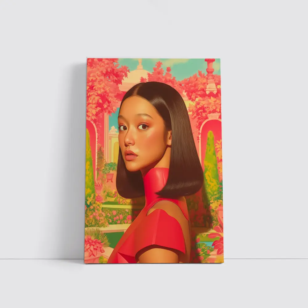 Asian Woman Portrait Pink Garden Illustration Art – Wall Art
