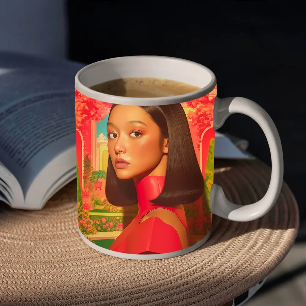 Asian Woman Portrait Pink Garden Illustration Art – Mugs