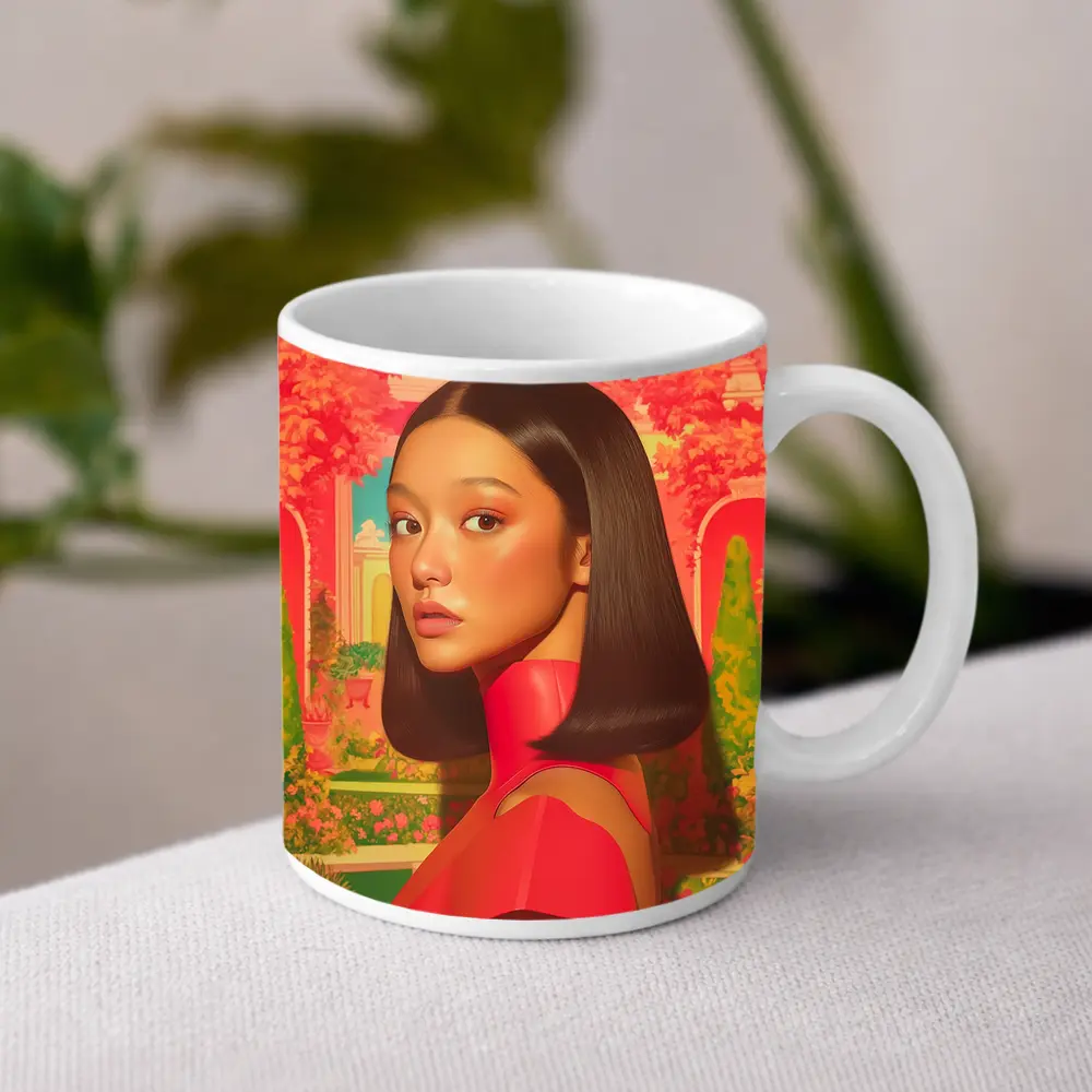 Asian Woman Portrait Pink Garden Illustration Art – Mugs