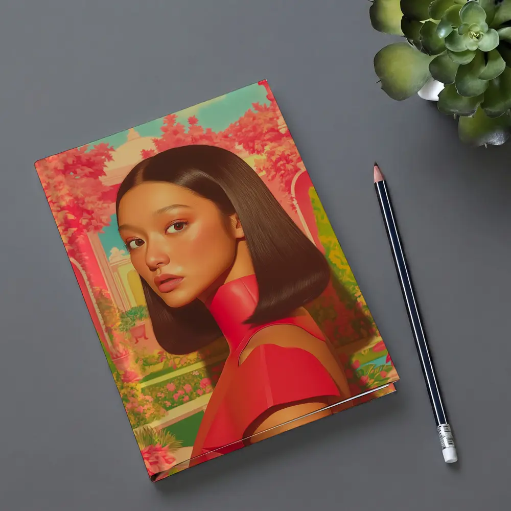 Asian Woman Portrait Pink Garden Illustration Art – Notebooks