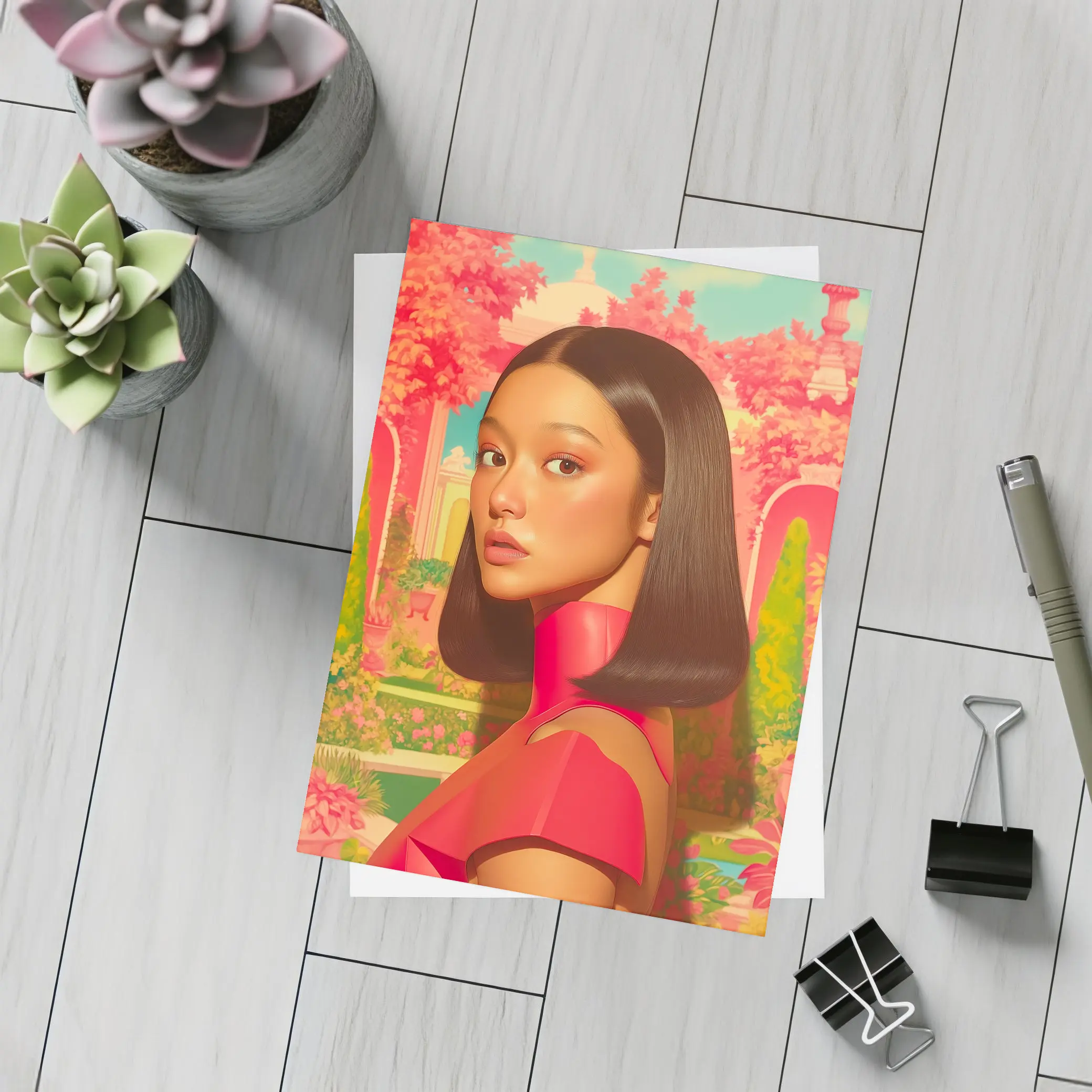 Asian Woman Portrait Pink Garden Illustration Art – Postcards